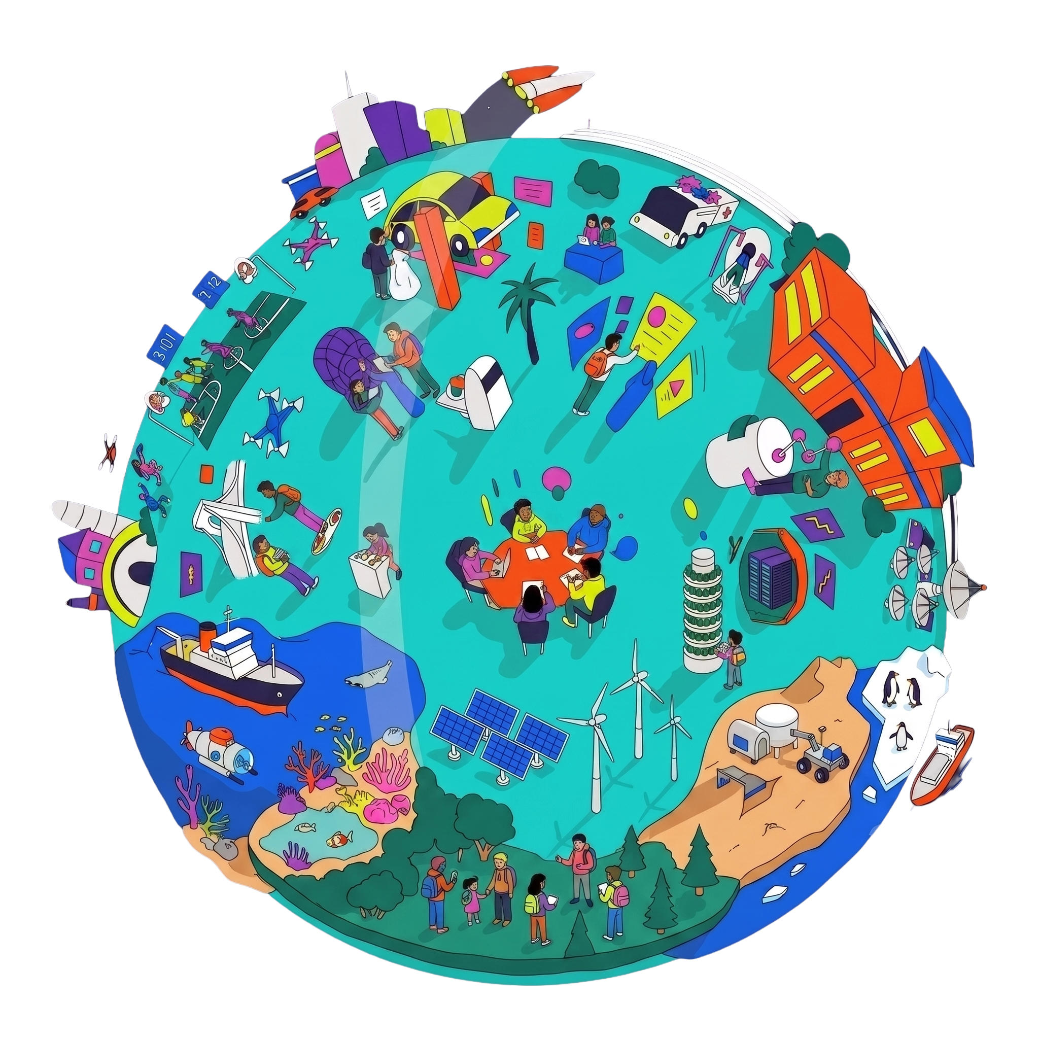 An illustrated globe full of city life